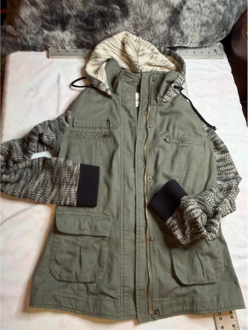 Vintage Y2K Mudd Womens Sz M Olive Green Utility Anorak Jacket Knit Hood Sleeves